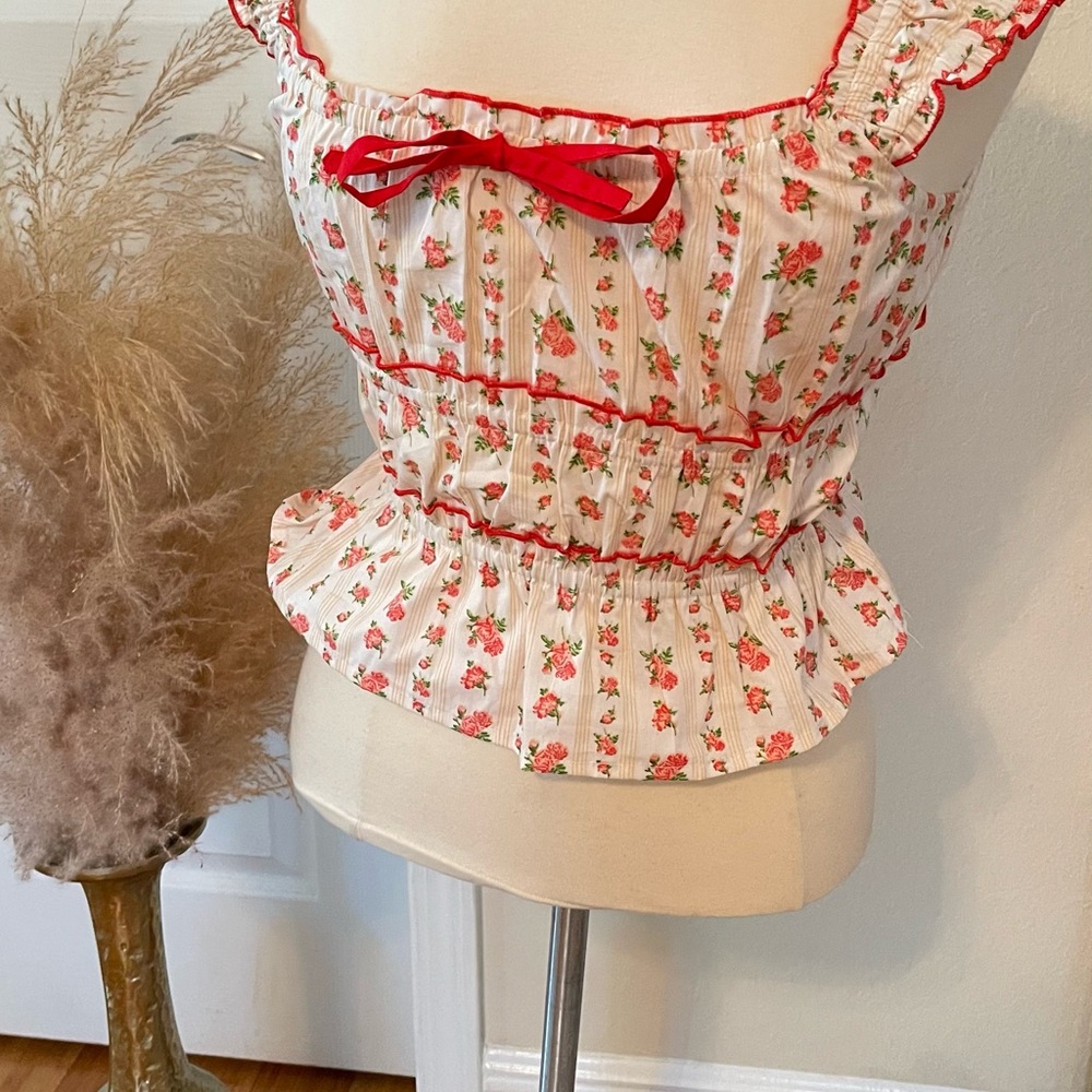 Chic Floral Ruffle Blouse with Red Accents